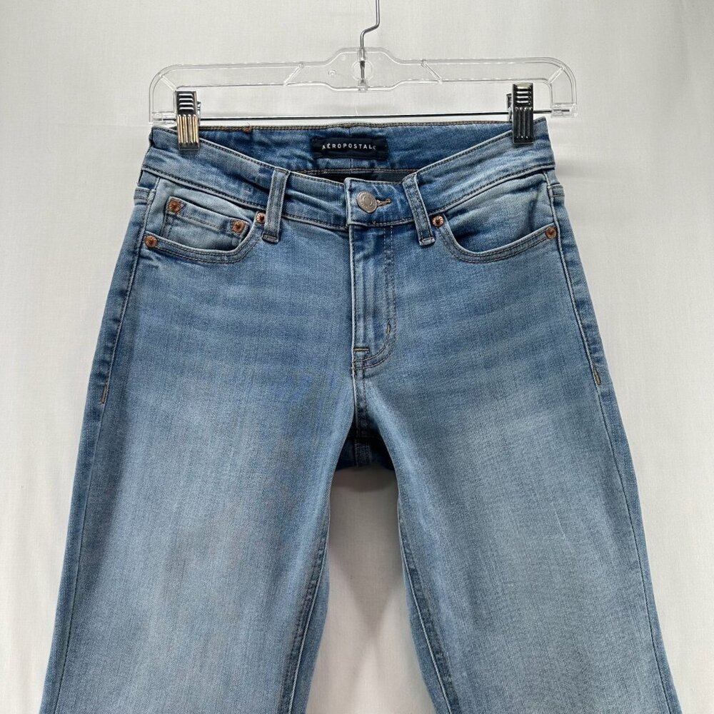Aeropostale Jeans Womens Sz 000 Mid Rise Flare Stretchy Denim Casual Y2K Blue - Picture 4 of 11